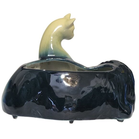 VTG MCM Ceramic Dog & Cat Planter Figurine 7X5" Tall Black & Yellow Design - Picture 3 of 8